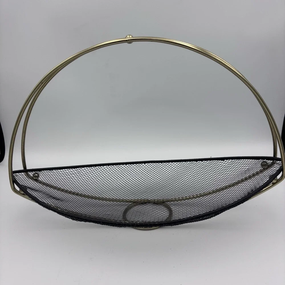 MCM Vintage Mesh Oval Table Metal Basket Black and Gold 14